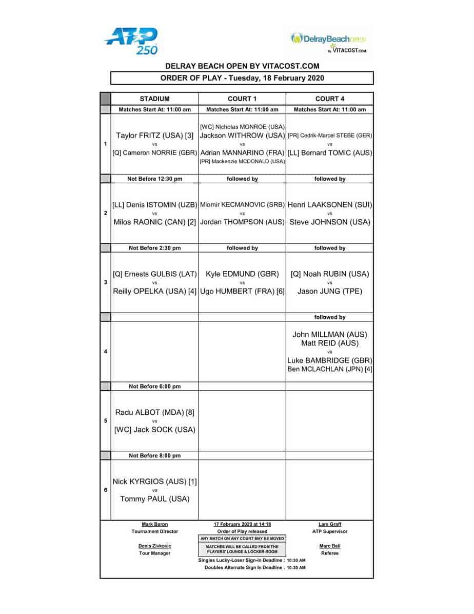 Delray Beach Open 2020 Day 2 Schedule of Play