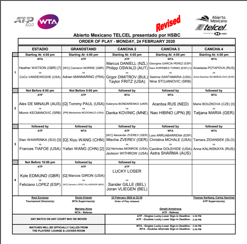 ATP Abierto Mexicano Telcel in Acapulco Day 1 Schedule of Play