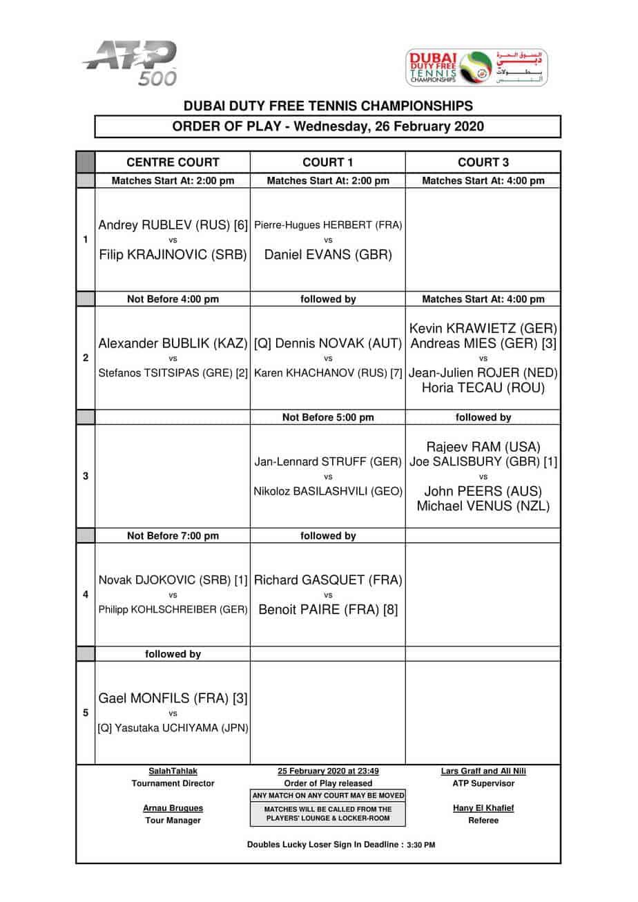 ATP Dubai Duty Free Championship Day 3 Schedule of Play