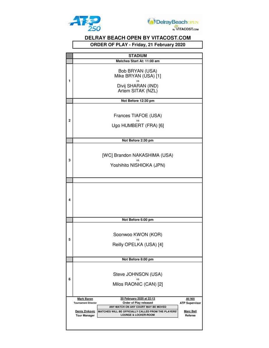 Delray Beach Open Quarterfinal Day Schedule of Play