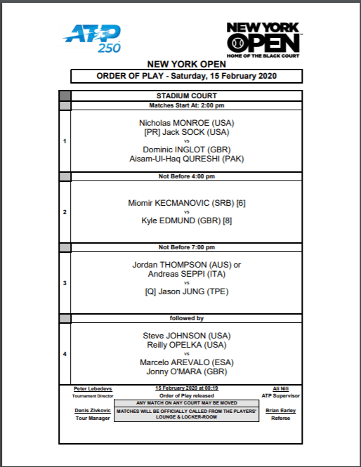 Semifinal schedule of play at New York Open 2020