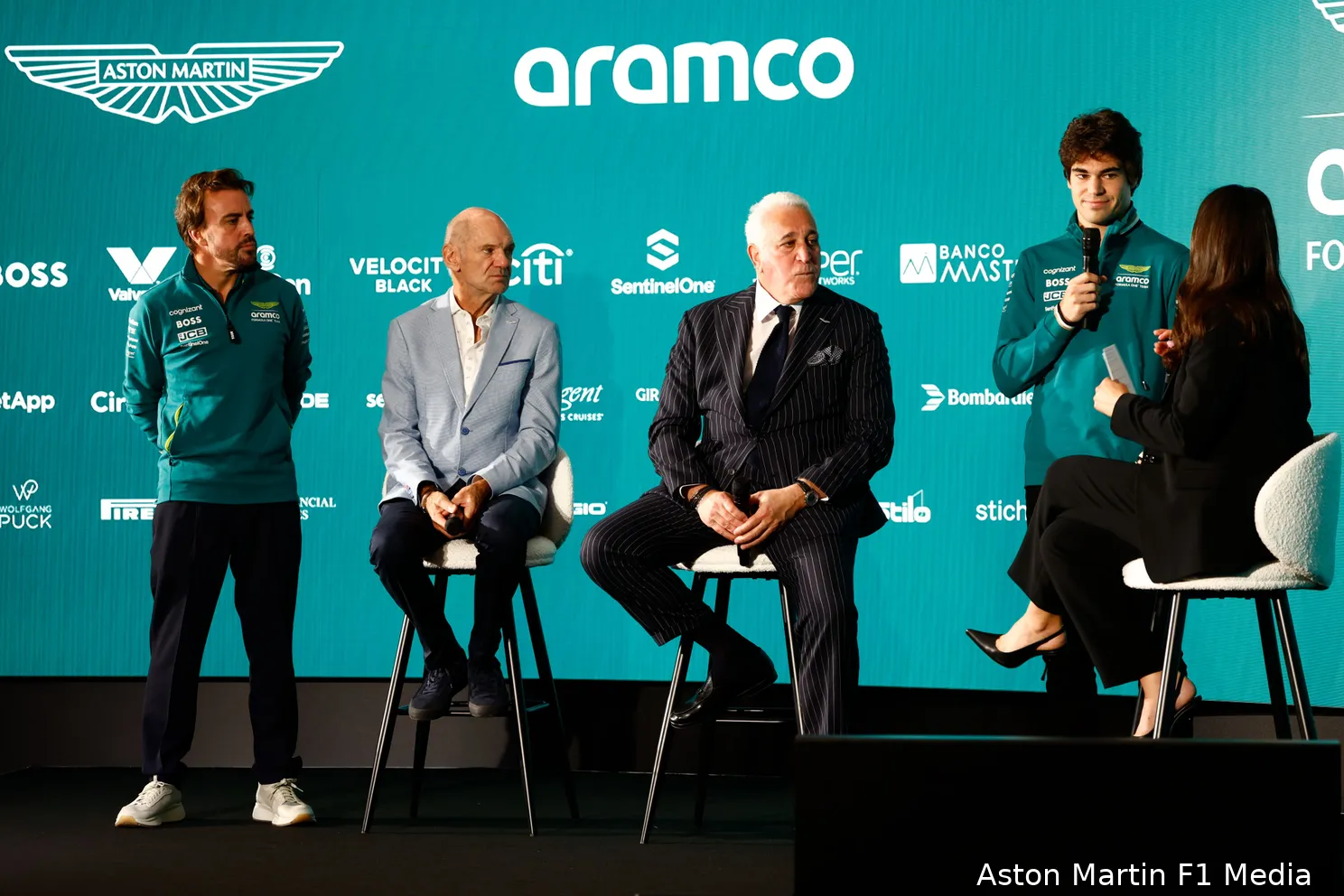 persconferentie aston martin lawrence stroll lance stroll adrian newey fernando alonso