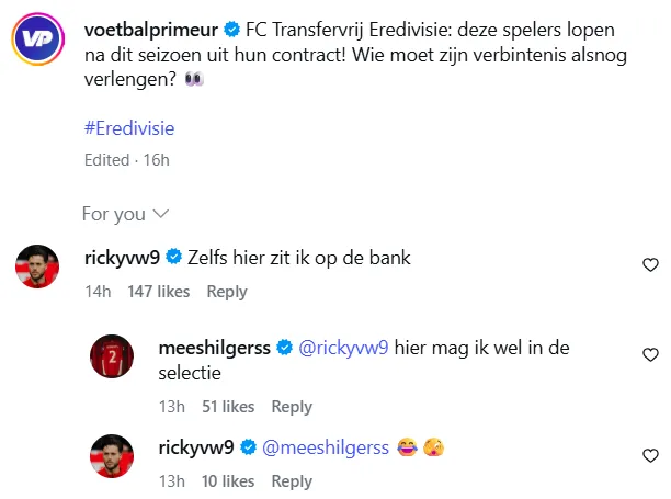 reactie Van wolfswinkel en hilgers op team voetbalprimeuer transfervrij