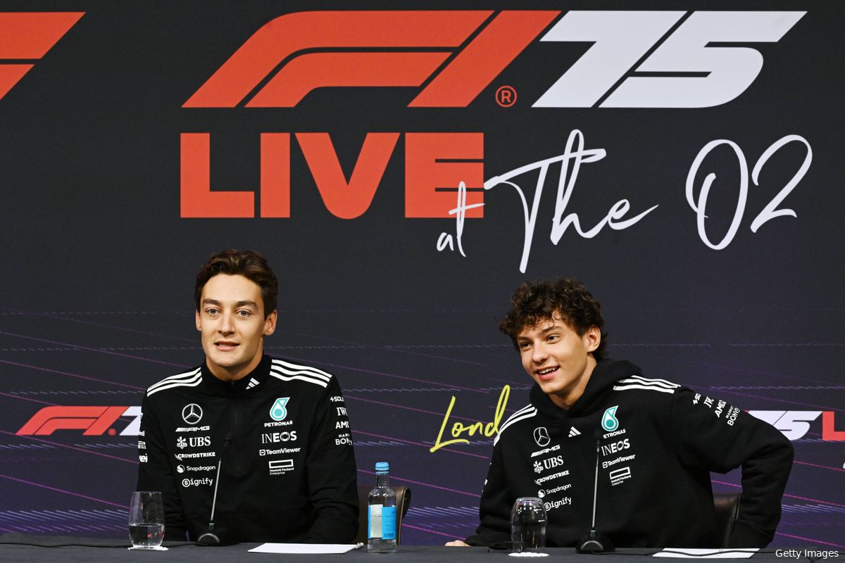 75 launch event 2025 george russell l andrea kimi antonelli r