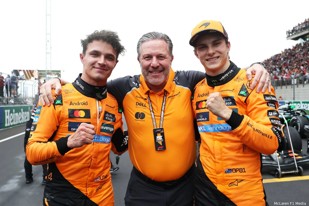 lando norris zak brown oscar piastri mclaren win china 2025