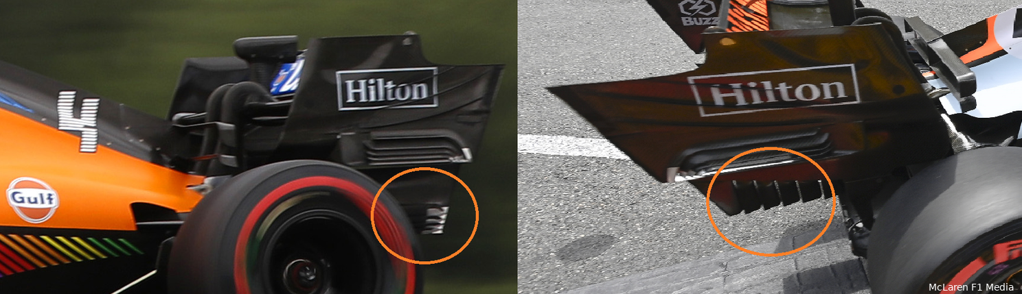 De achtervleugel van de McLaren-bolide, links tijdens de GP van Oostenrijk, rechts in Monaco. (Foto's: McLaren F1 Media)
