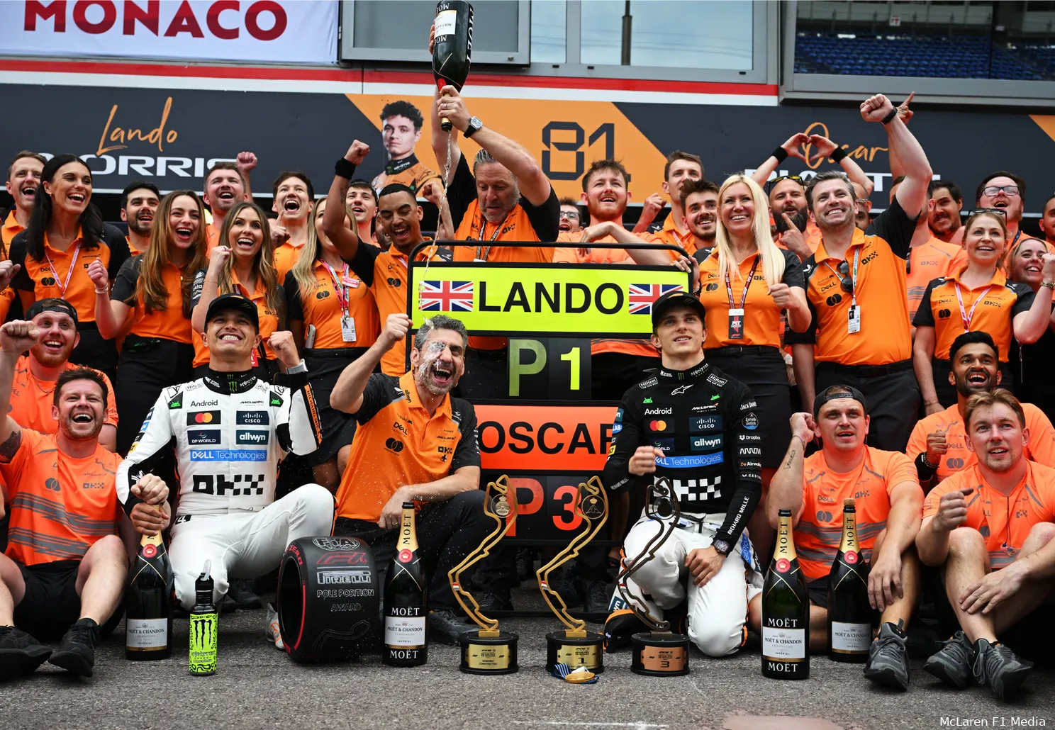 oscar piastri lando norris mclaren 2025 monaco gp andrea stella zak brown teamfoto