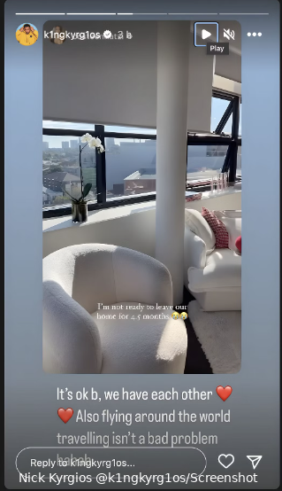 Kyrgios comeback hinted at as girlfriend reveals travel plans: "I'm not ready to leave home for 4-5 months"