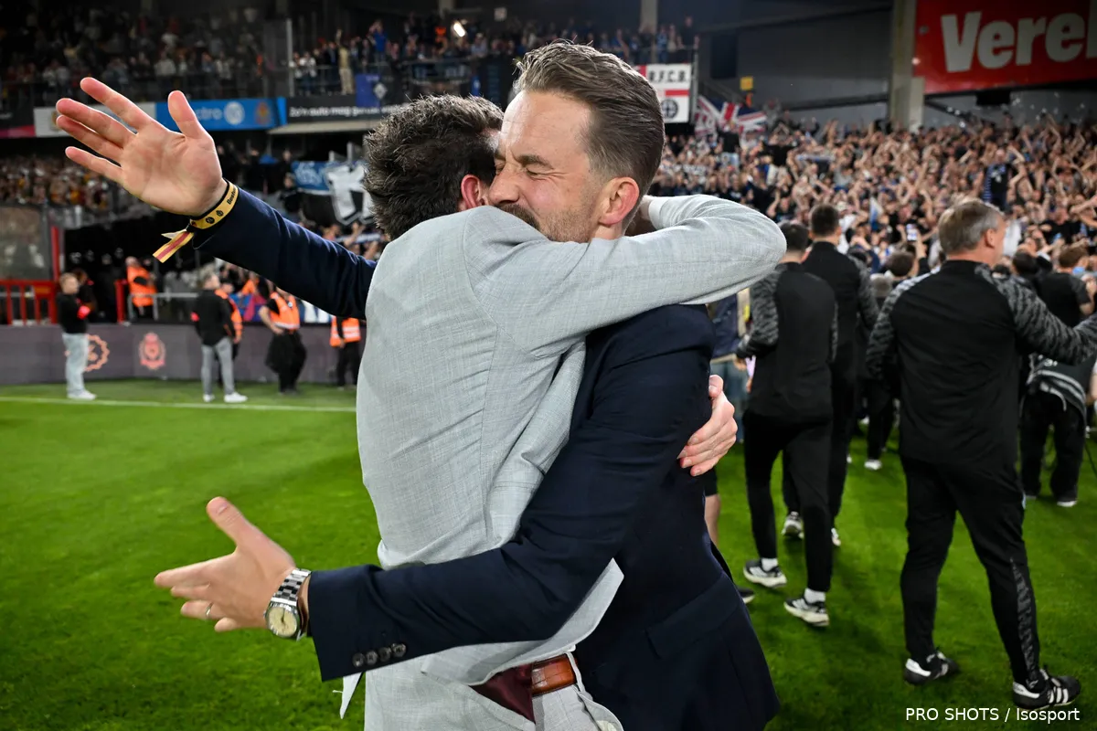 Dévy Rigaux viert het kampioenschap van Club Brugge na de overwinning op KV Mechelen in de Champions' Play-offs van de Jupiler Pro League.