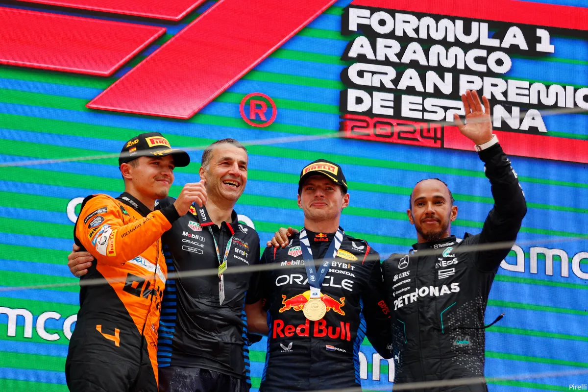 26 sunday barcelona 2024 max verstappen podium lando norris lewis hamilton
