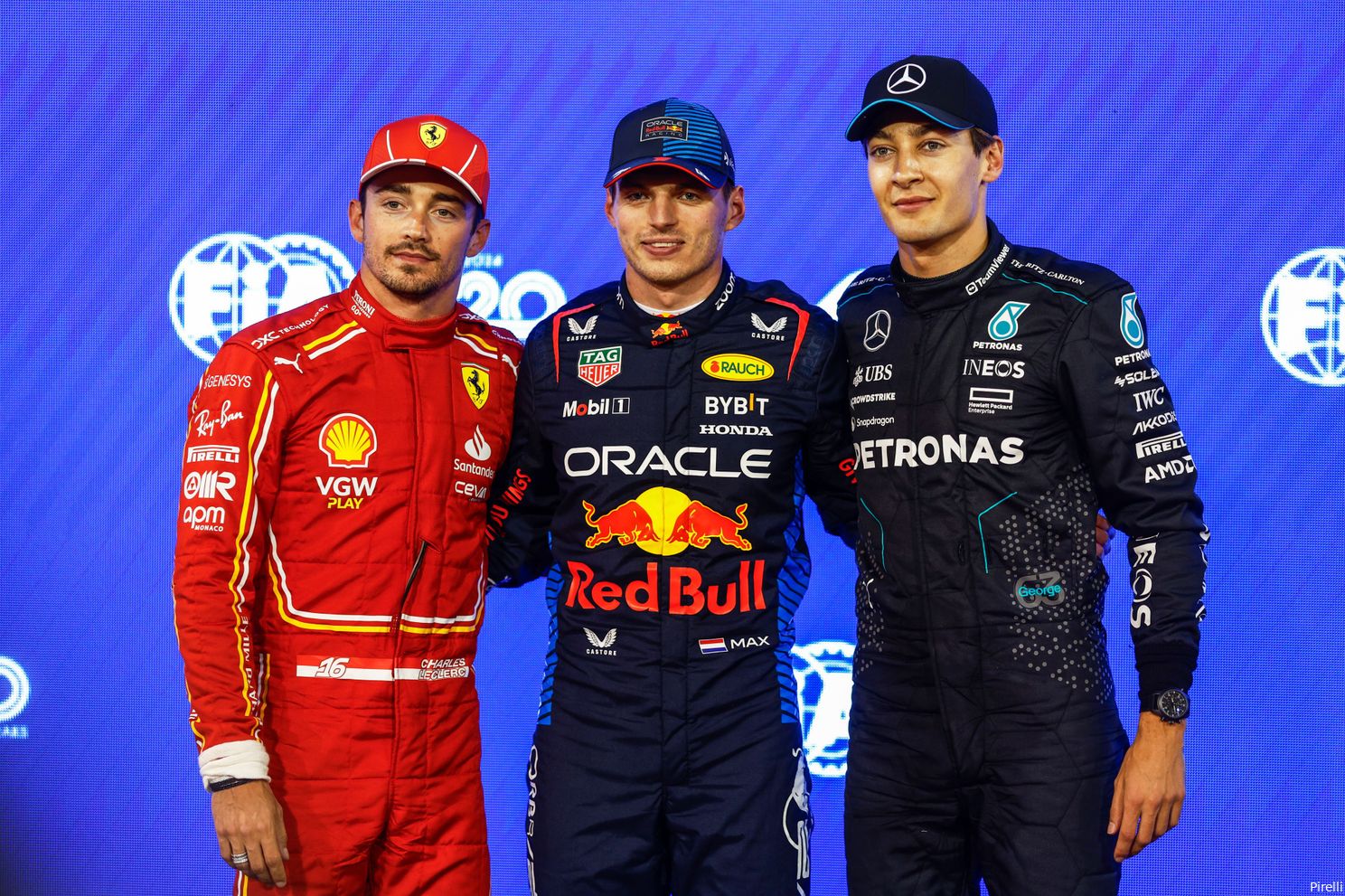 2024bahraingp polepoitiontopthree max verstappen charles leclerc george russell