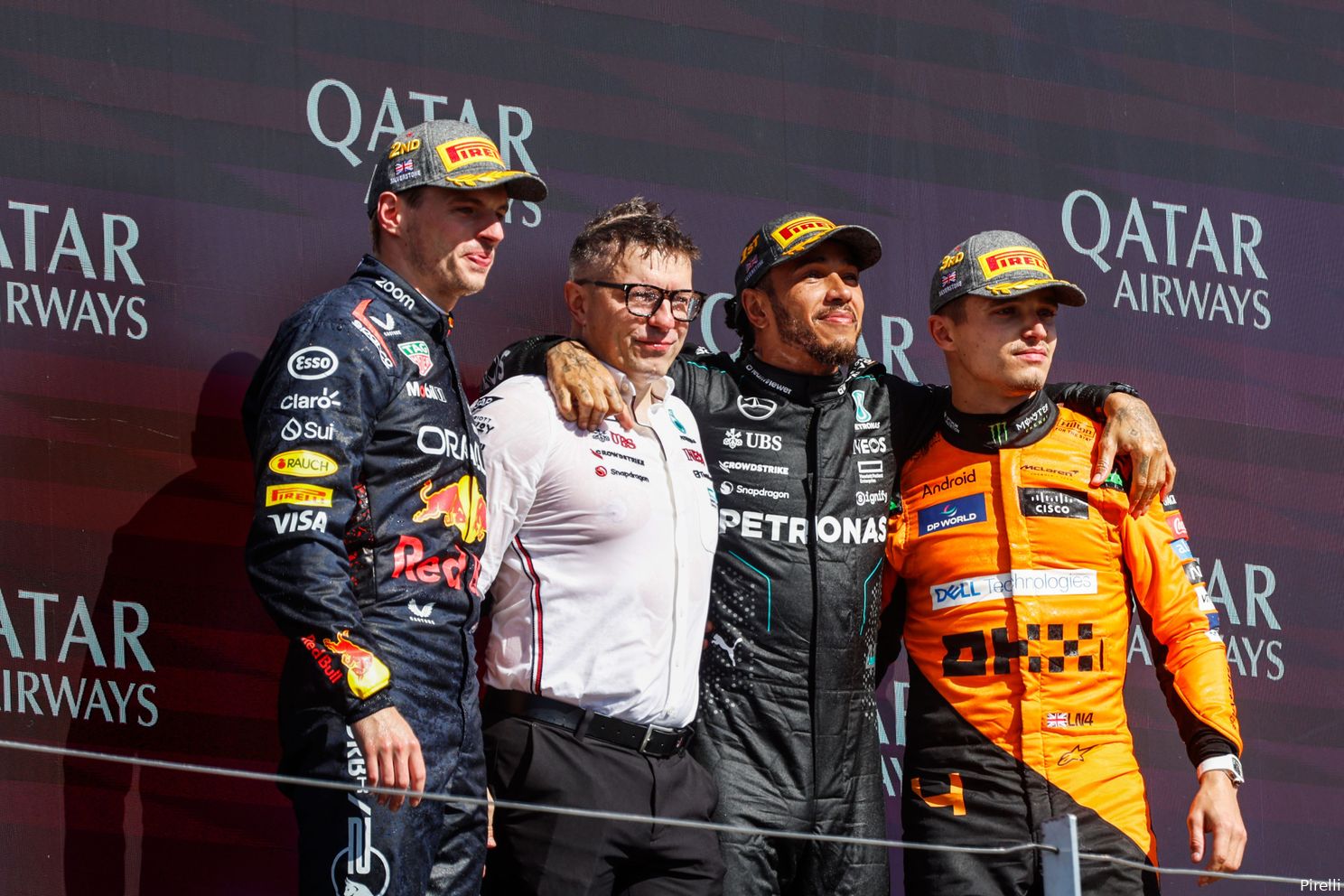 podium max verstappen lewis hamilton lando norris peter bono bonnington 10 sunday silverstone 2024