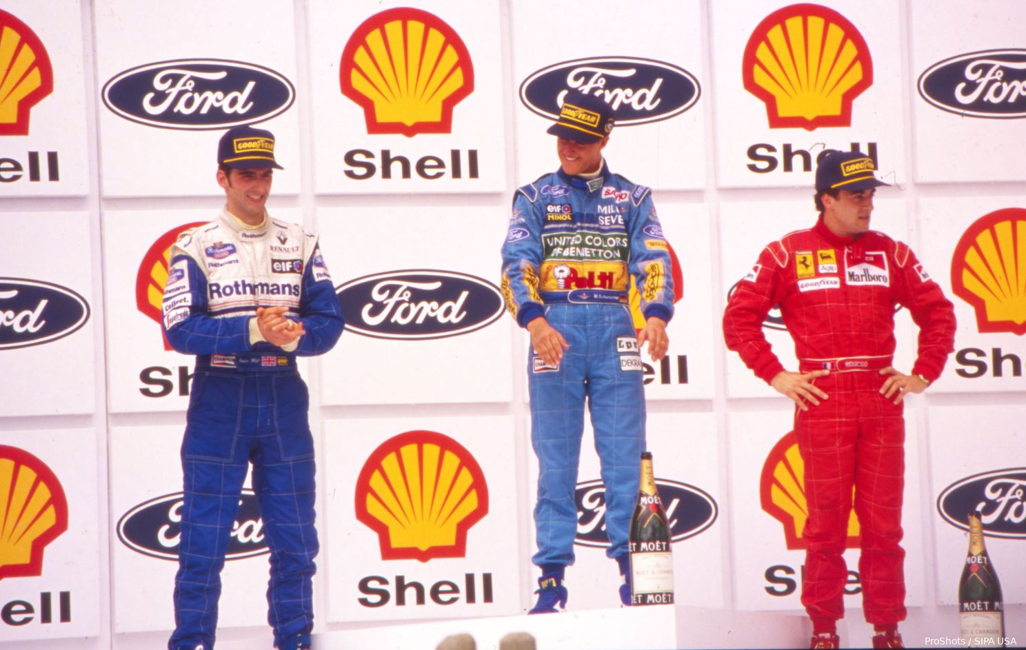 In zijn Benetton-jaren stond Schumacher maar zelden met een teamgenoot op het podium.