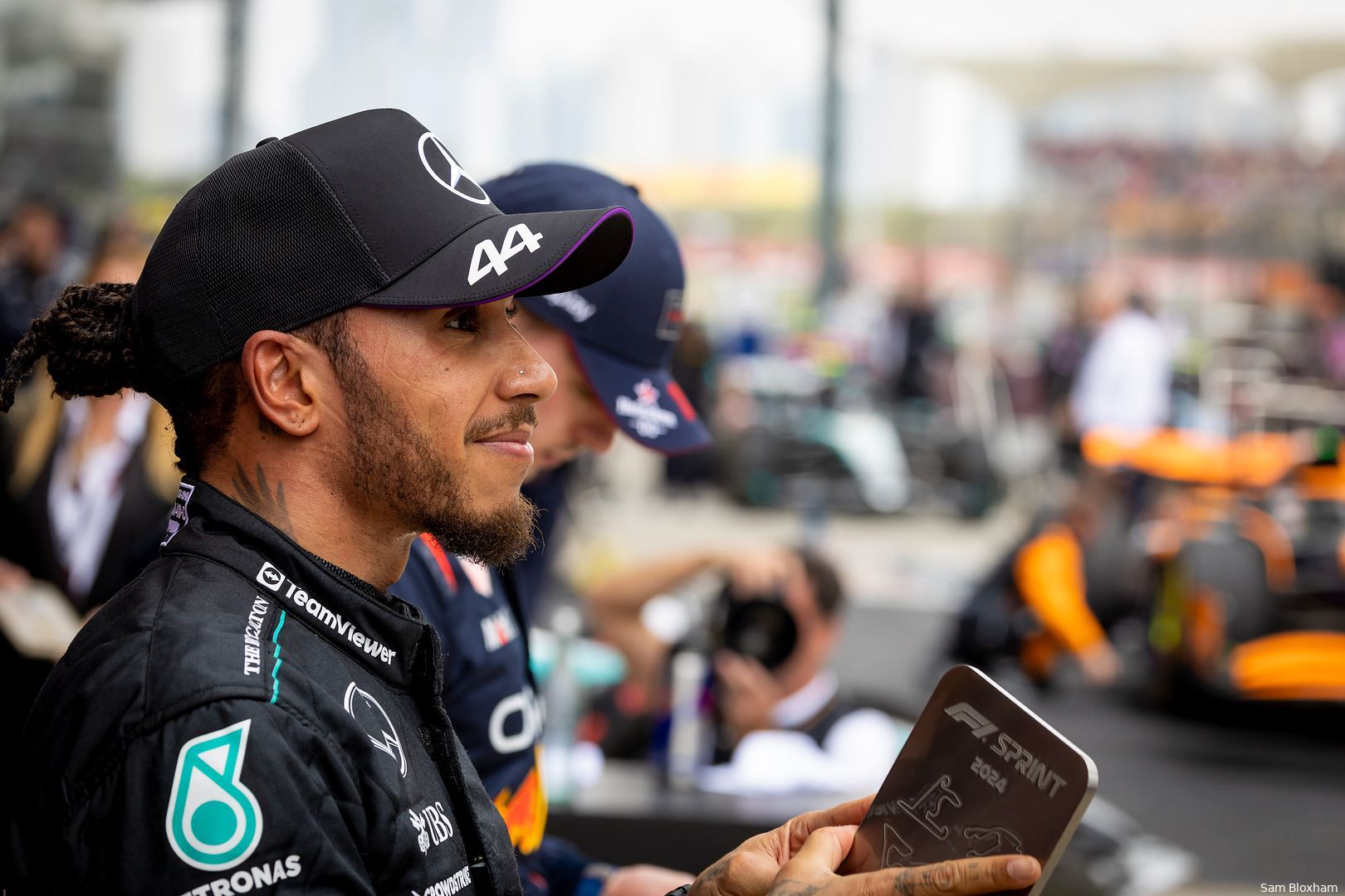 Hamilton with a small trophy for P2 in the 2024 Chinese Grand Prix sprint race