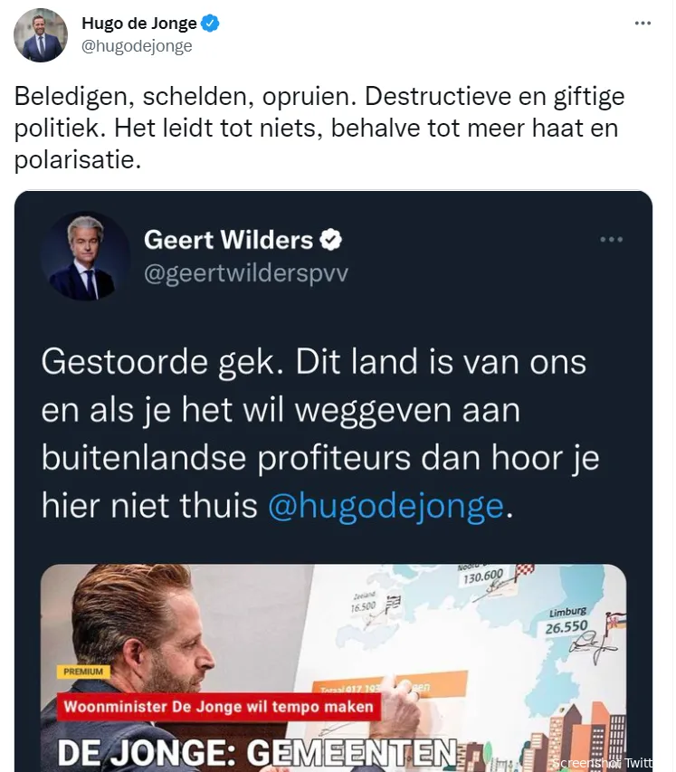 Botsauto's Geert Wilders en Hugo de Jonge klappen op elkaar over voorrangspositie voor statushouders