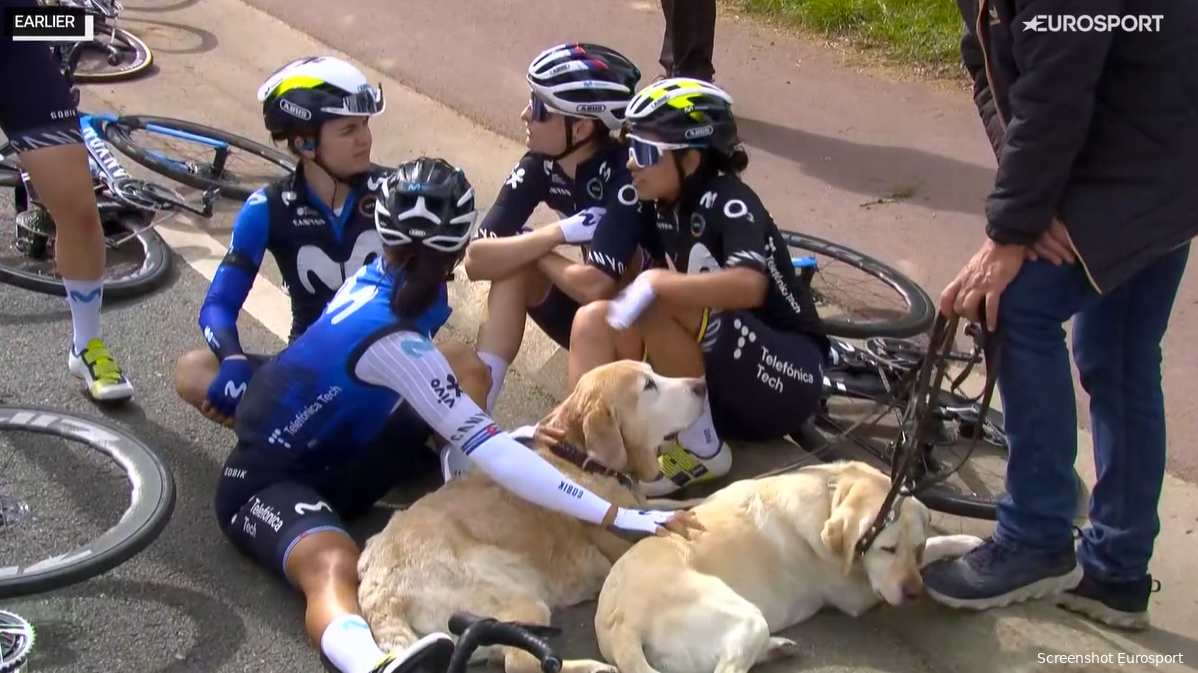 📸 The women’s Amstel Gold Race halts for safety for 75 minutes: from cuddling dogs to casual chats, but mainly sympathy for the motorcyclist!