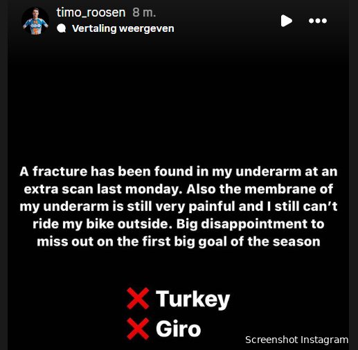 Enorme tegenvaller dsm-firmenich PostNL: Timo Roosen moet Turkije en Giro missen door breuk in de arm