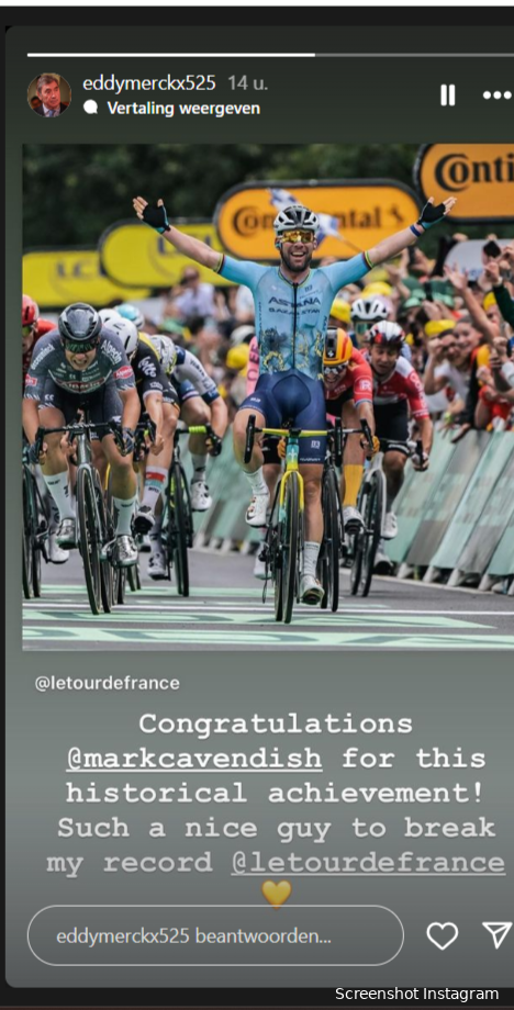 Nasleep van nummer 35: Eddy Merckx feliciteert Cavendish, De Cauwer beschrijft grijs gebied in sprint