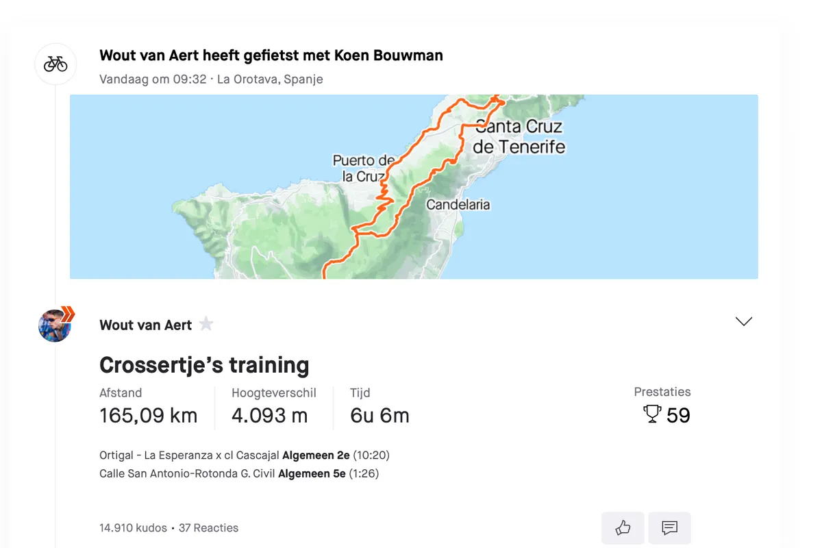 Van Aert knipoogt op Strava naar Lefevere: 'Crossertje's training'