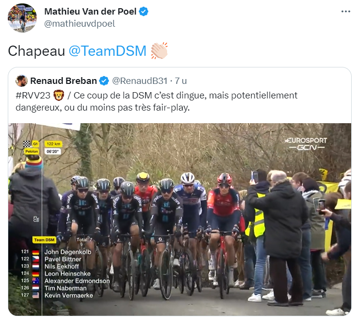 Mathieu van der Poel laat zich via Twitter sarcastisch uit over Ronde van Vlaanderen-tactiek Team DSM