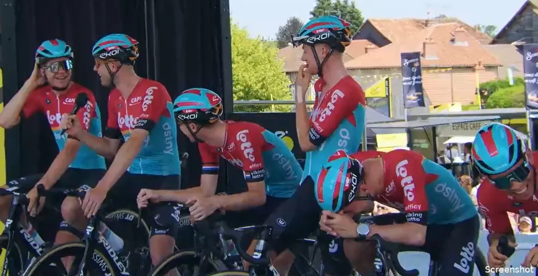 🎥 Humor in de Tour! Ewan en Eenkhoorn liggen dubbel van het lachen na Sagan-imitatie Frison