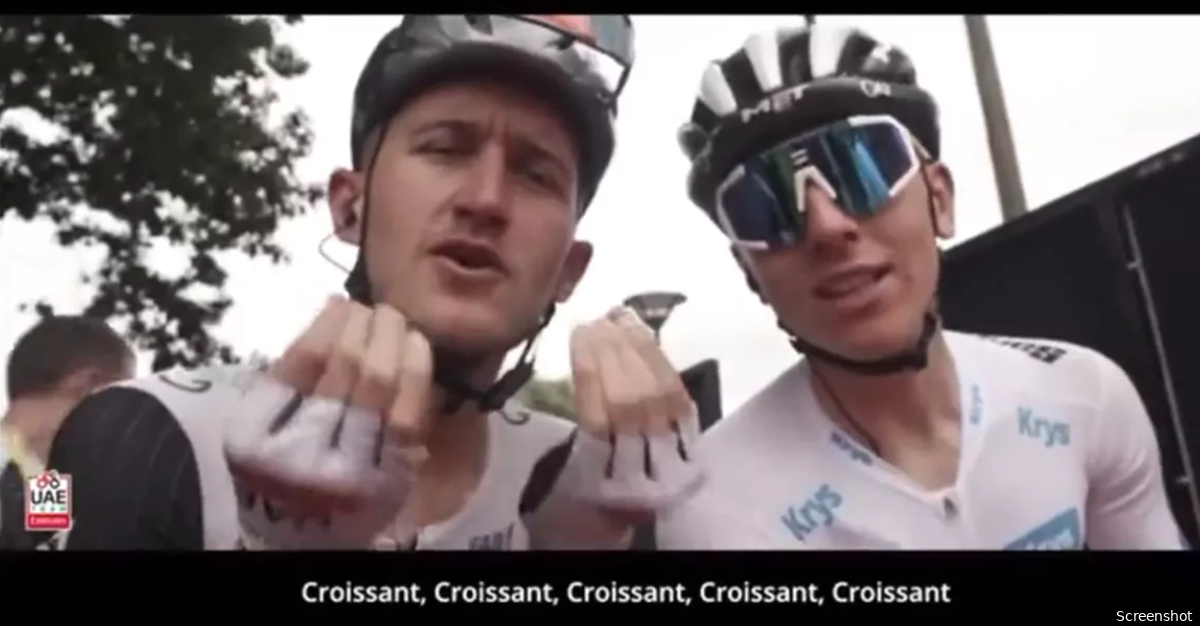 🎥 Hahaha! Tadej Pogacar leert zijn ploegmakker Mikkel Bjerg een woordje Frans: 'Het is croissant!'