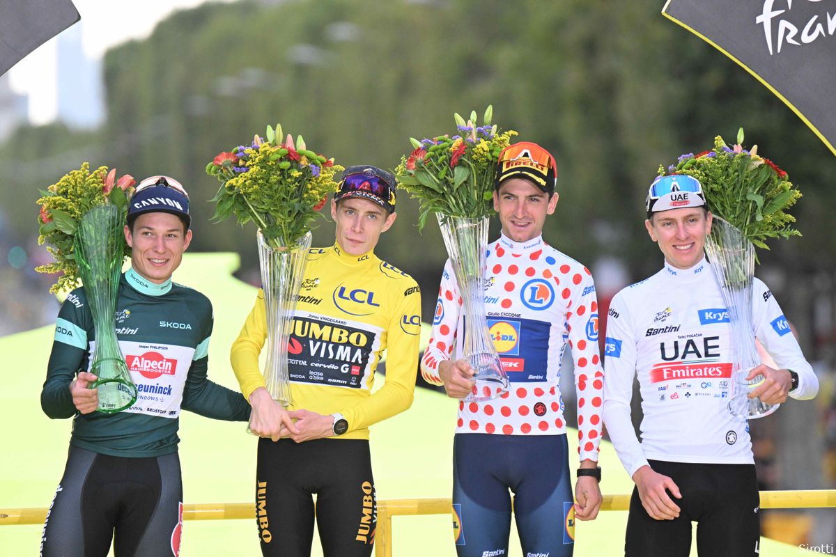 🎥 Vingegaard, Philipsen, Ciccone, Pogacar en ook Campenaerts en Yates stralen op podium in Parijs