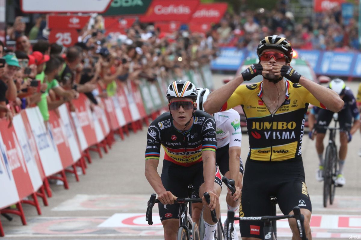 Jumbo-Visma slaat dubbelslag in Vuelta, Gesink en Evenepoel imponeren: Roglic wint rit, Kuss heeft rood