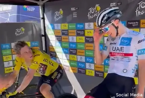 🎥 Vingegaard vertelt Pogacar dat hij hard reed, Pogi feliciteert goede vriend Matthews met ritzege