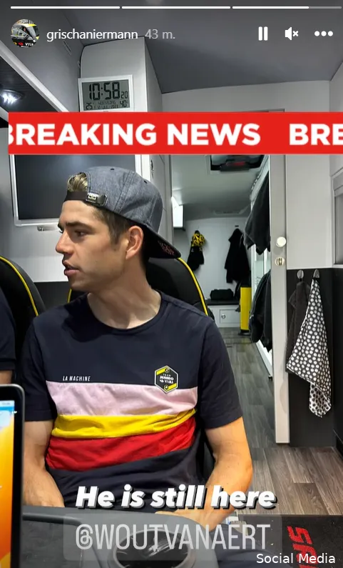 📸 Grischa Niermann en Wout van Aert lachen nog eens met 'vertrekgeruchten': 'Breaking news, hij is er nog!'
