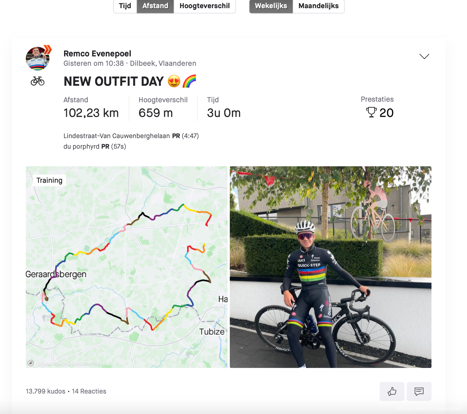 Evenepoel toont eerste keer (zwarte) regenboogtrui op training