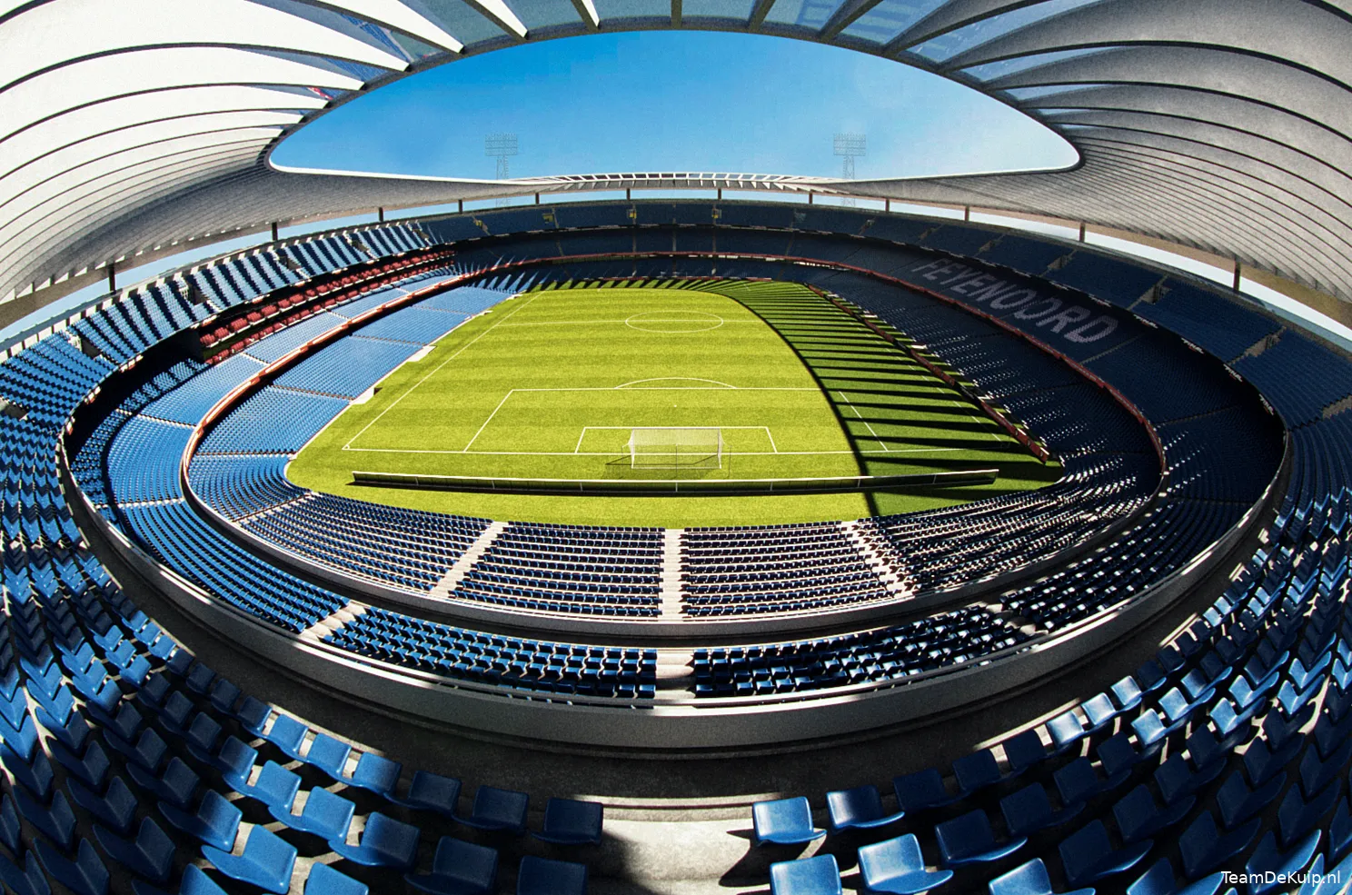 Visualisatie van de vernieuwde De Kuip met drie volwaardige ringen, nieuw dak en uitgebreide capaciteit voor Feyenoord.