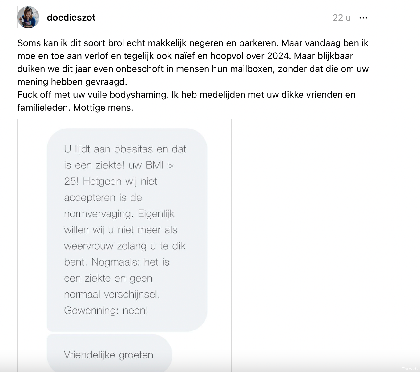"Fuck off mottige mens": Jacotte Brokken opnieuw slachtoffer van bodyshaming en zet online hater te kijk