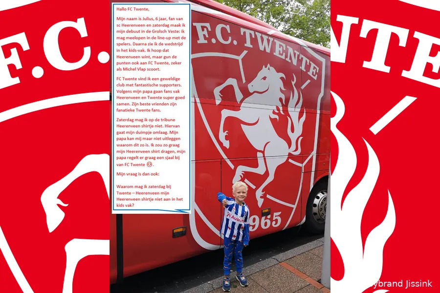 julius met duimpje omlaag in sc heerenveen shirt bij spelersbus fc twente brief aan fc twente met achtergrond logo