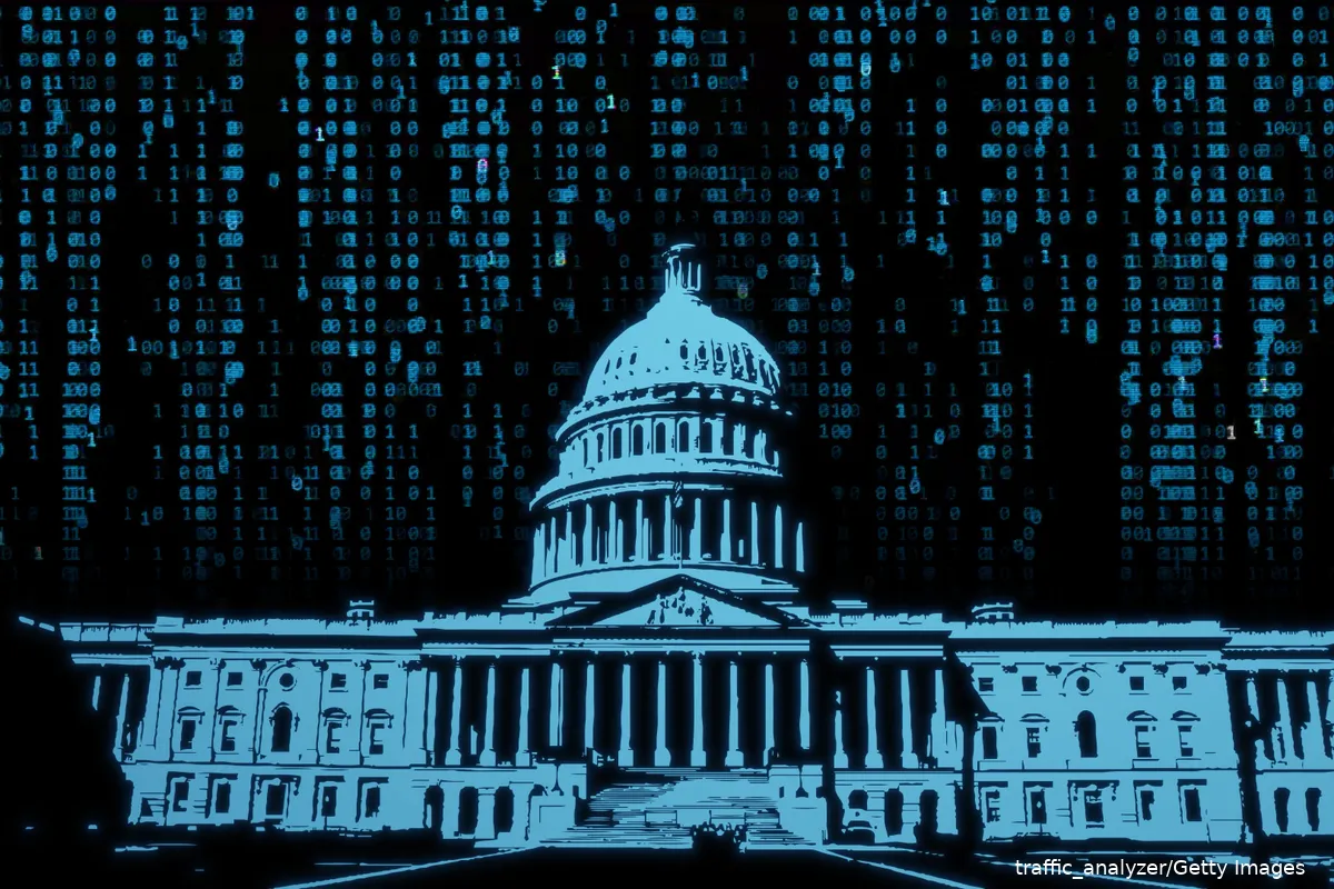 US Capitol surrounded by digital code