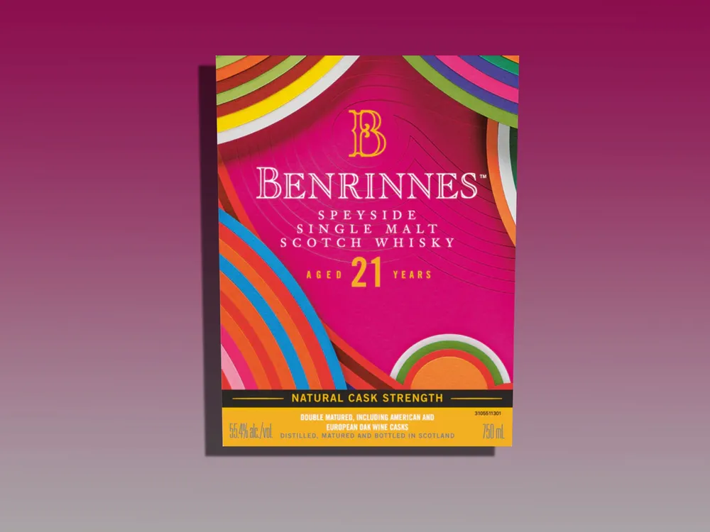 Het label van de Benrinnes 21 Year Old Special Release 2024 whisky