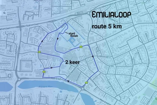 De routes van de 5 en 10 km-loop. Klik op de afbeelding voor een grotere weergave. Bron: Emilialoop