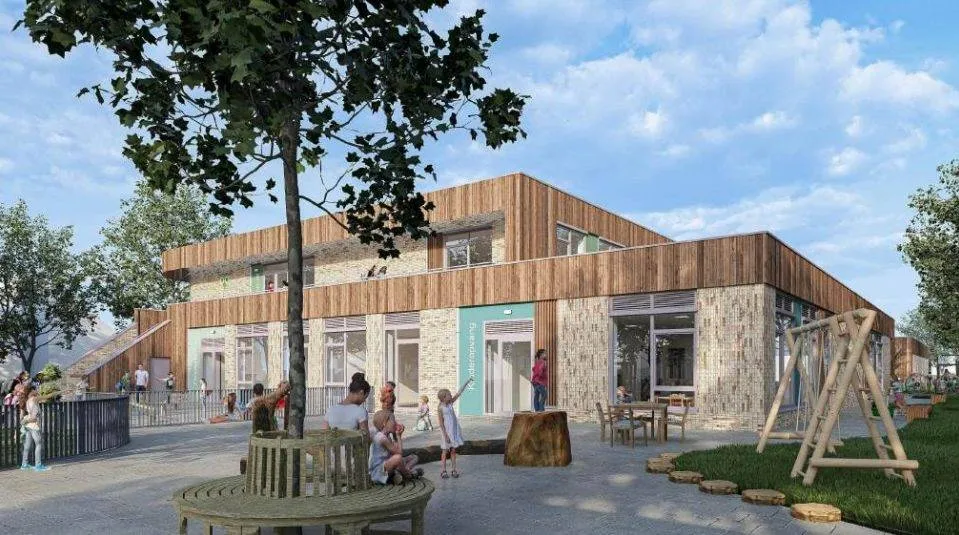 Zo moet de nieuwe MFA Westwijzer eruit komen te zien. Het is een ontwerp van architect Frencken Scholl. Halverwege 2026 moet het gebouw klaar zijn.