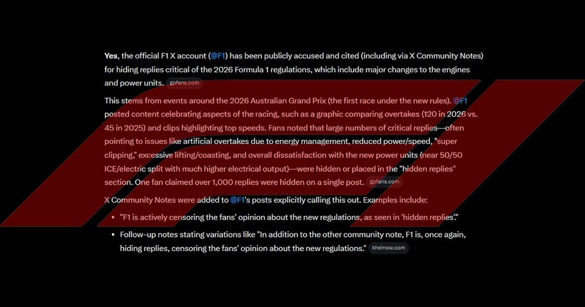 Formula 1 Faces Criticism for Hidden Replies on Social Media Posts About 2026 Regulations