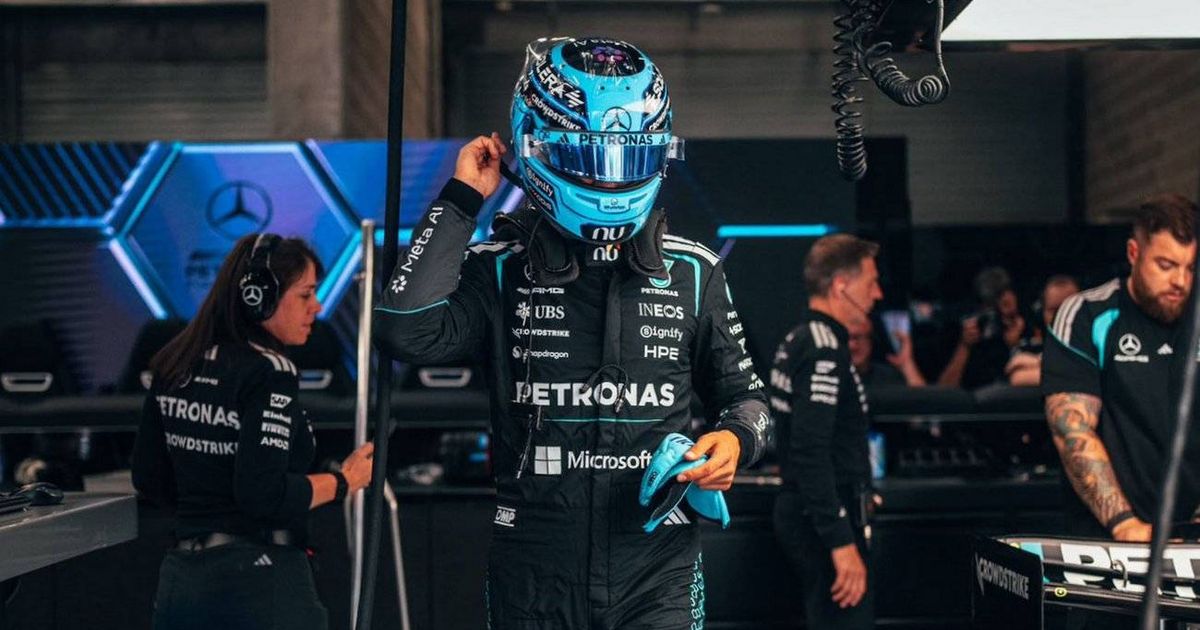 George Russell in the Mercedes garage at Spa.