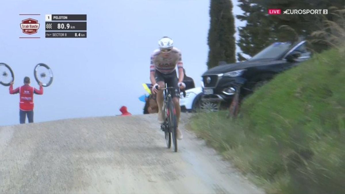 VIDEO Tadej Pogacar attacks solo with 81km to go at Strade Bianche