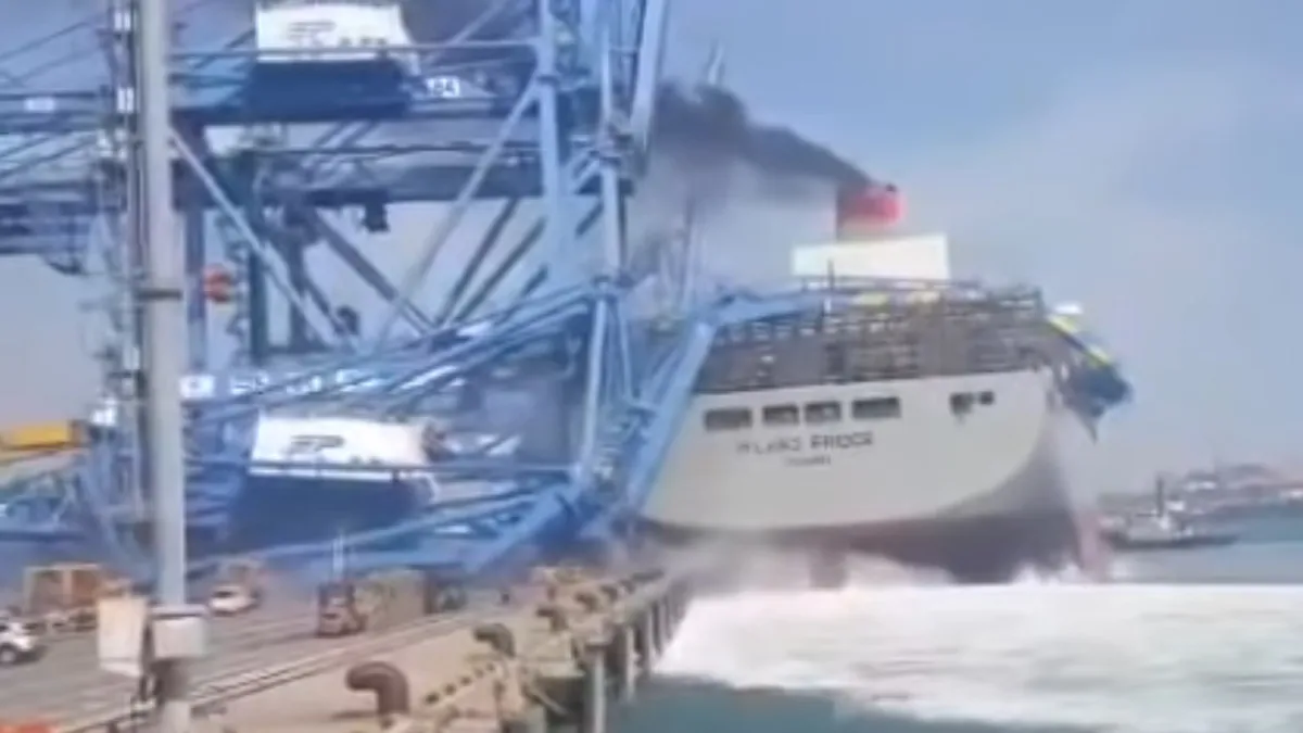 Containerschip molt havenkranen in Zuid-Koreaanse haven