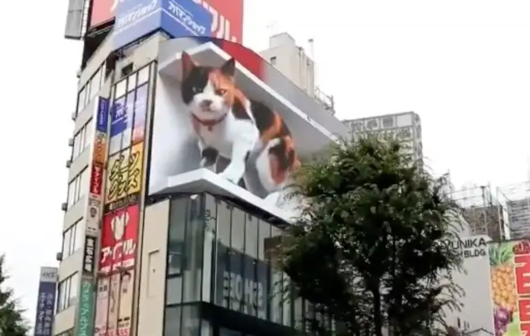 Reclame met 3D kat steelt show in Shinjuku, Tokio