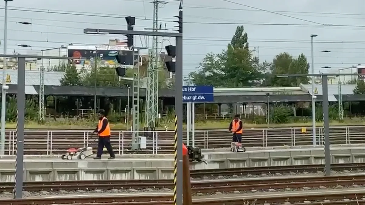 Lekker gewerkt pik: Keiharde werker maait gras station Duitse Cottbus