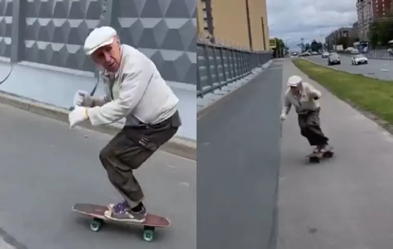 73-jarige Igor maakt de straten van St-Petersburg onveilig met zijn skateboard