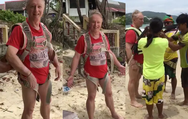 Aussie toerist Roger Hussey kan parasailing niet navertellen