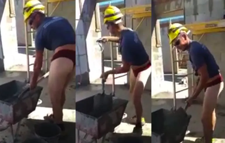 Bouwvakker in iets te klein onderbroekje heeft wel lol in zijn werk