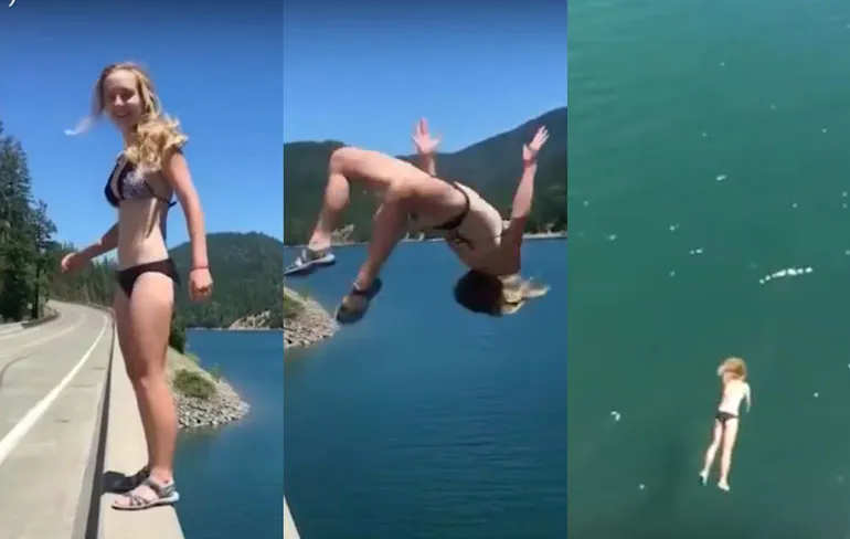 Bikini babe maakt niet zo'n beste landing