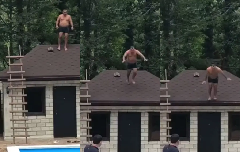 Man wil coole duik van dak nemen, nope!