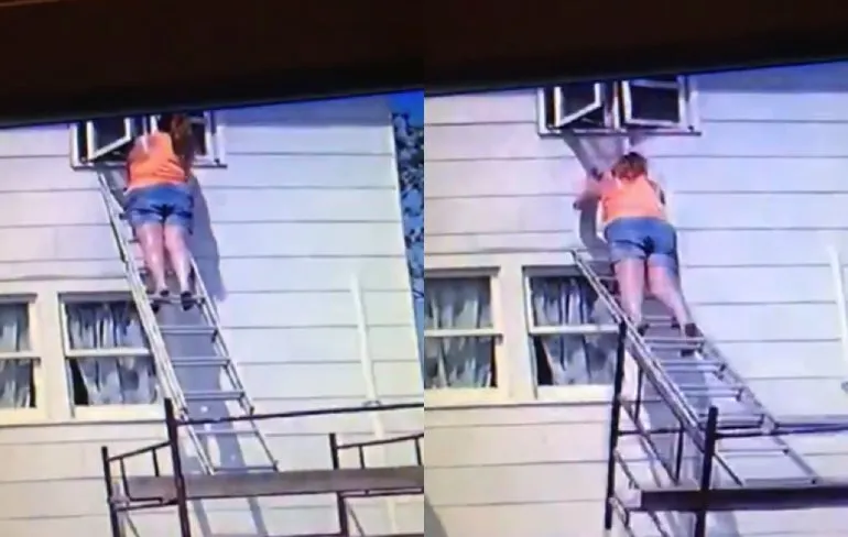 Dame beetje wiebelig na vlakke smak met ladder